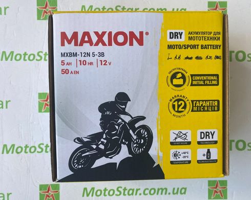 Аккумулятор для мототехники MAXION MXBM-12N5-3B -/+, 12V, 5Ah, 50 А, 120x60x130 мм