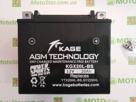 KAGE KGX20L-BS Мото акумулятор 20 A/ч, 230 A, (-/+), 175x87x155 мм